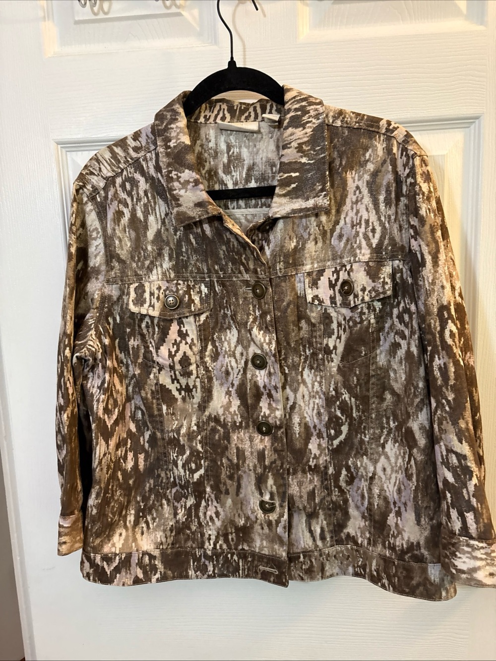 Chico's Brown & Cream Printed Linen-Cotton Button Shirt